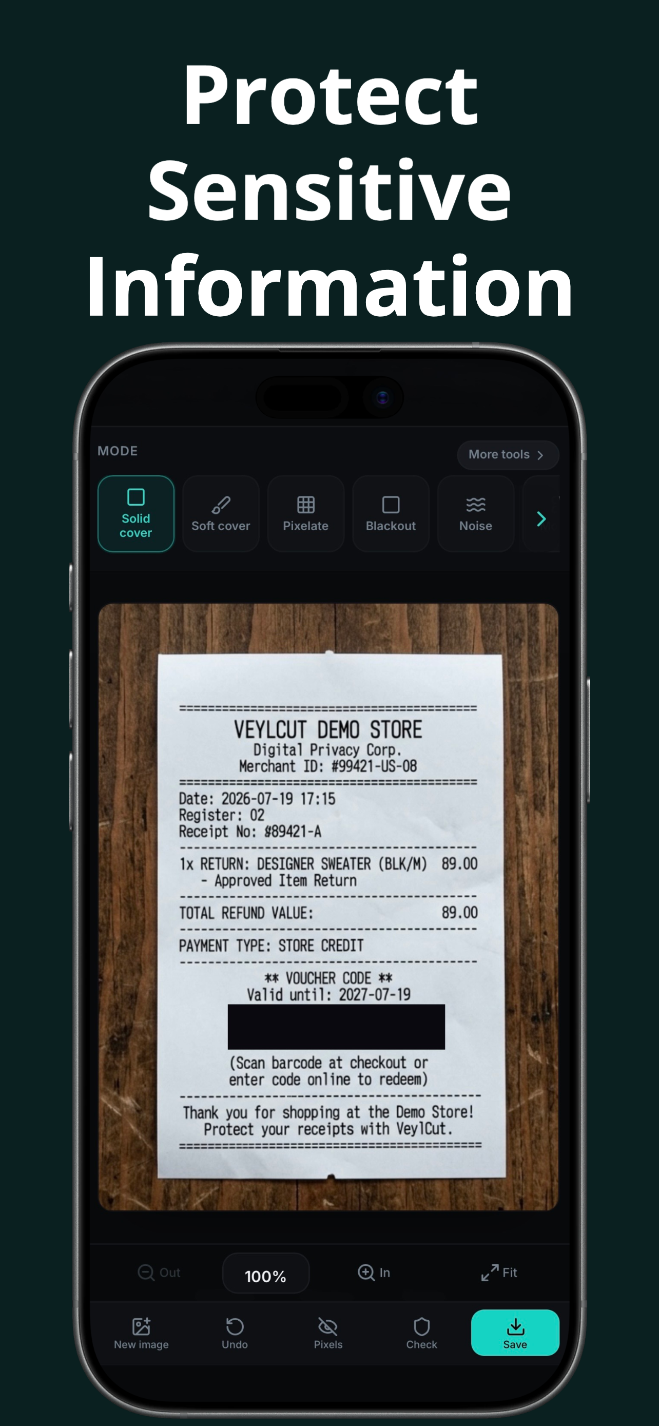 Protect sensitive information with solid cover on a receipt